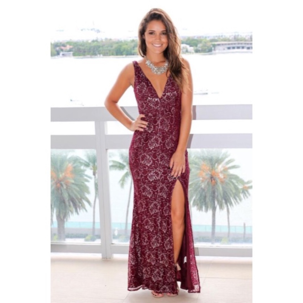 NWOT Wine Maxi Dress with Silver Lace